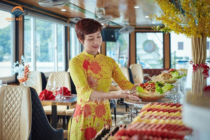 Cozy Bay Halong 5-Star Day Cruise, Buffet, Cave, Kayak, Swimming - Food and sunset party: what’s included, what to buy yourself